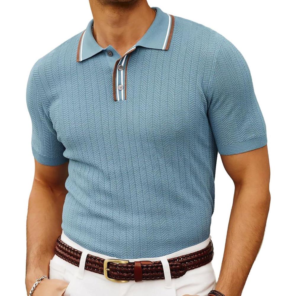 imagePJ PAUL JONES Mens Knitted Polo Shirts Short Sleeve Textured Pullover Golf Polo T ShirtsBlue