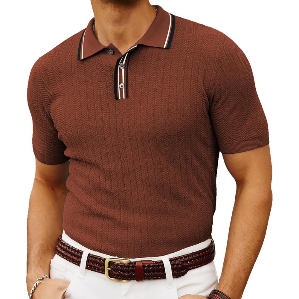 imagePJ PAUL JONES Mens Knitted Polo Shirts Short Sleeve Textured Pullover Golf Polo T ShirtsCaramel