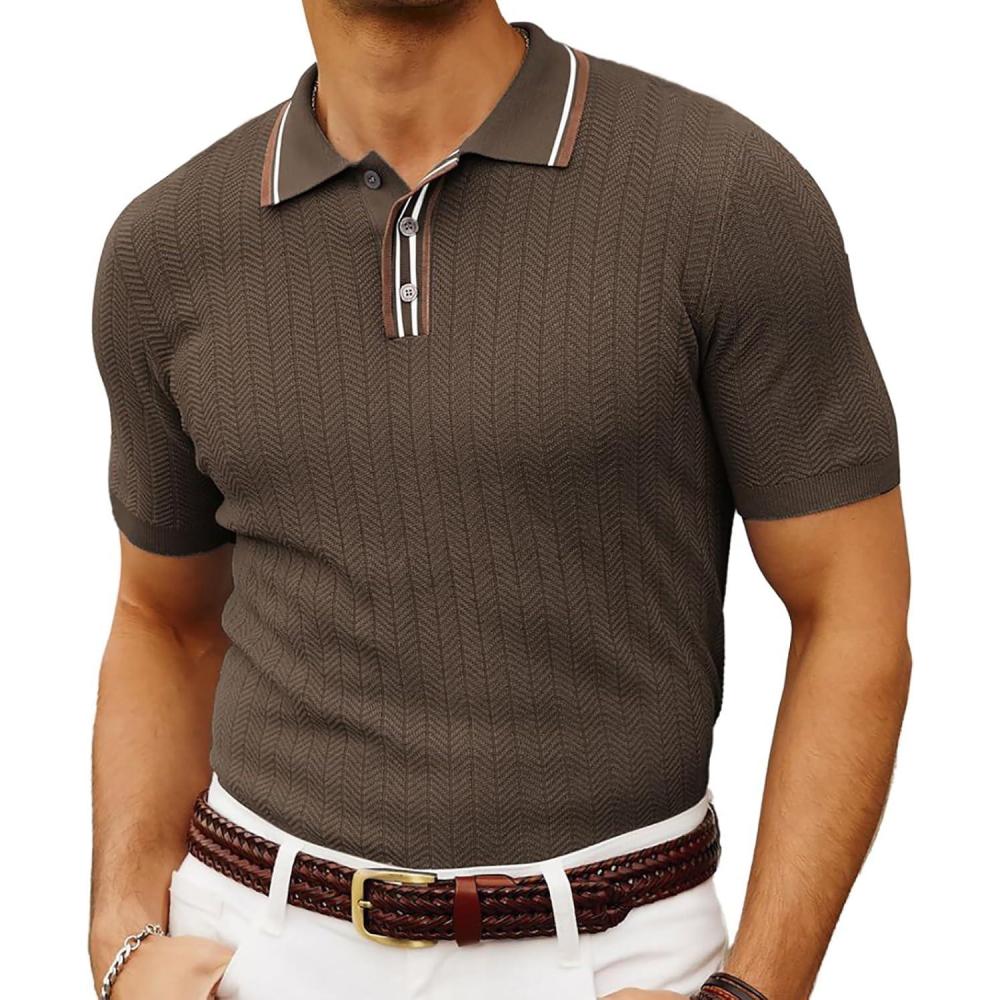 imagePJ PAUL JONES Mens Knitted Polo Shirts Short Sleeve Textured Pullover Golf Polo T ShirtsCoffee