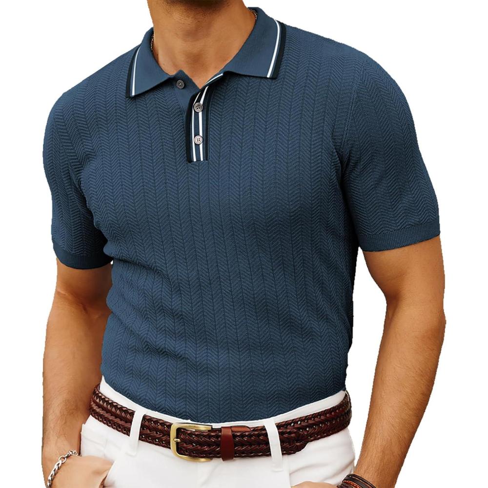 imagePJ PAUL JONES Mens Knitted Polo Shirts Short Sleeve Textured Pullover Golf Polo T ShirtsIndigo Blue