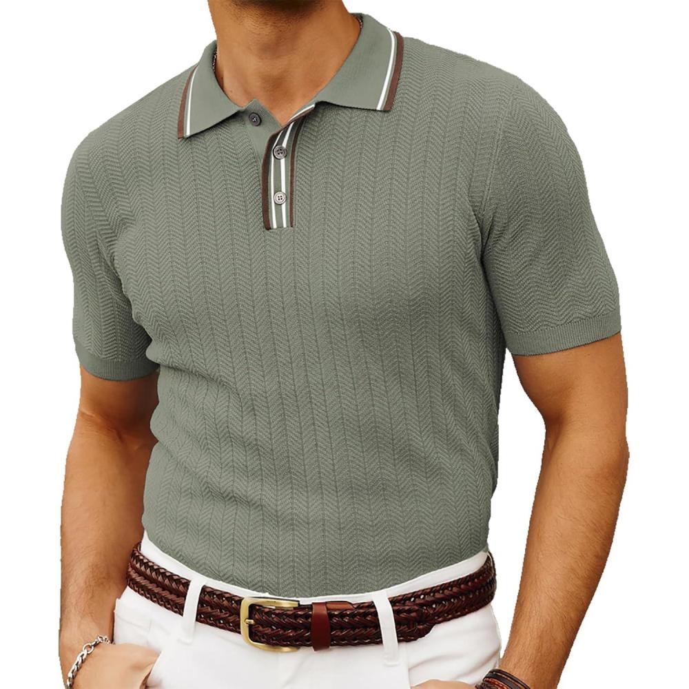 imagePJ PAUL JONES Mens Knitted Polo Shirts Short Sleeve Textured Pullover Golf Polo T ShirtsKhaki Green