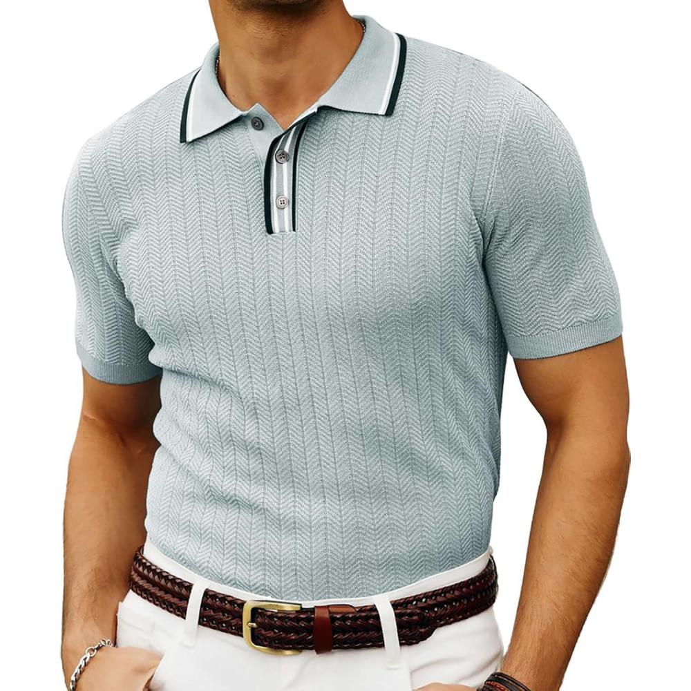 imagePJ PAUL JONES Mens Knitted Polo Shirts Short Sleeve Textured Pullover Golf Polo T ShirtsLight Grey