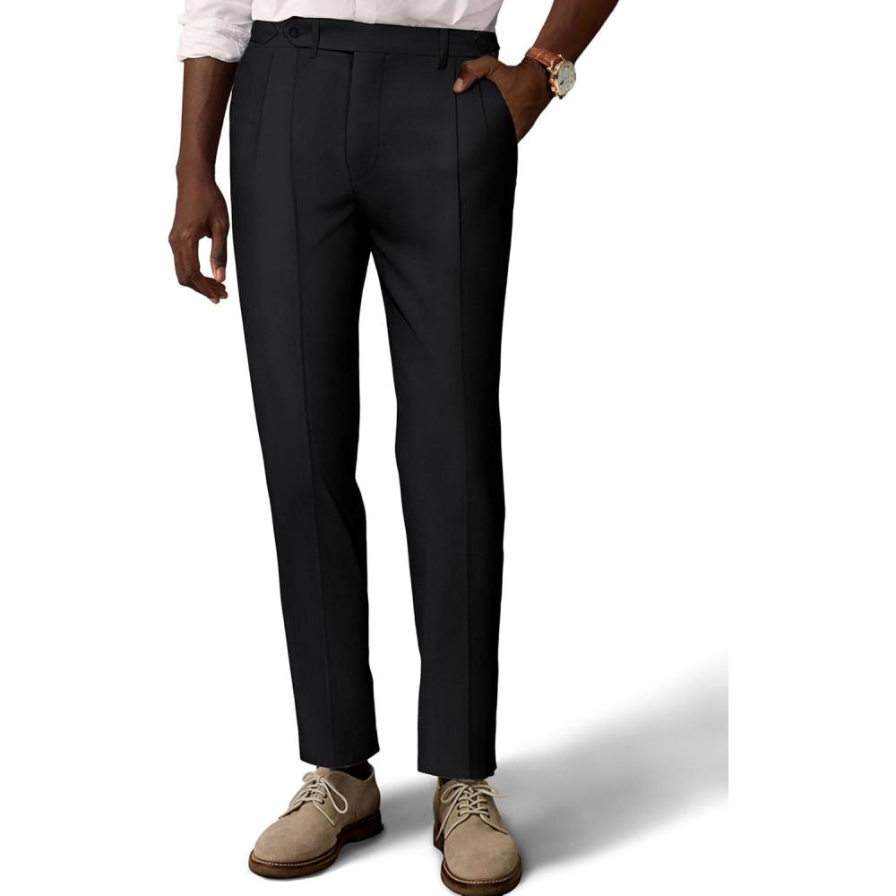 imagePJ PAUL JONES Mens Linen Dress Pants Casual Slim Fit Expandable Wasit Pleated Front TrousersBlack