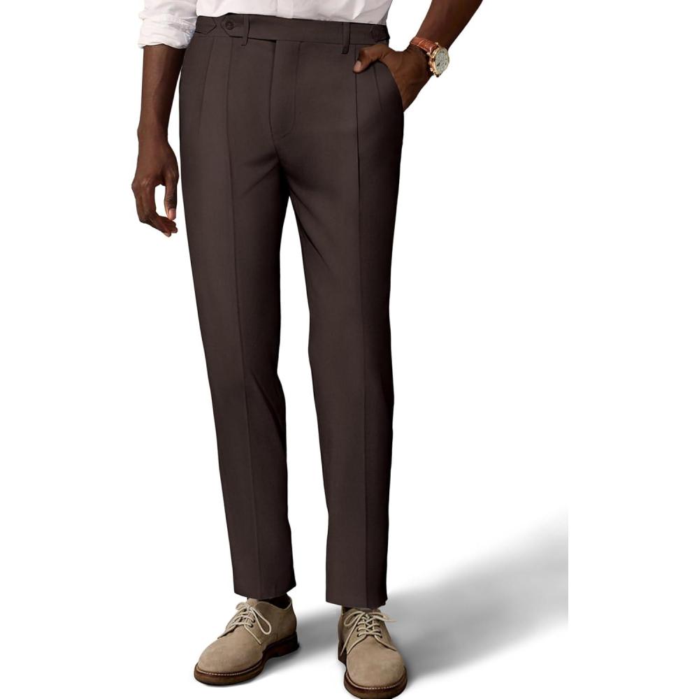 imagePJ PAUL JONES Mens Linen Dress Pants Casual Slim Fit Expandable Wasit Pleated Front TrousersCoffee