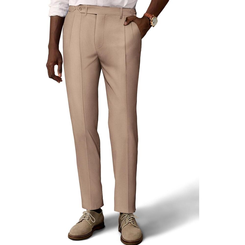 imagePJ PAUL JONES Mens Linen Dress Pants Casual Slim Fit Expandable Wasit Pleated Front TrousersKhaki