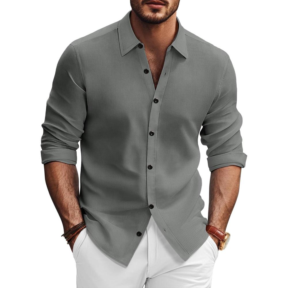 imagePJ PAUL JONES Mens Long Sleeve Button Down Shirts Wrinkle Free Stretch Untucked Dress Shirts Business Casual ShirtGrey