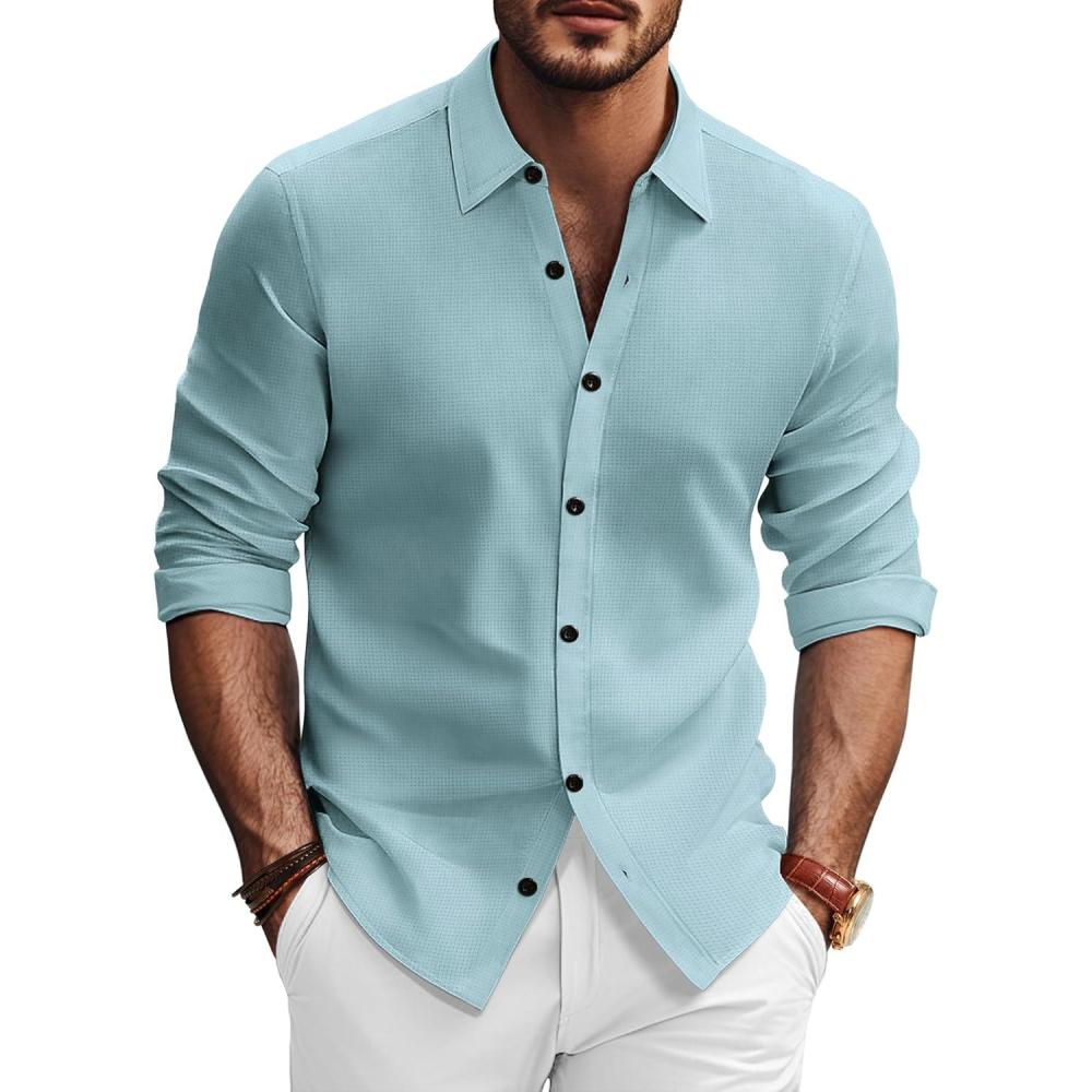 imagePJ PAUL JONES Mens Long Sleeve Button Down Shirts Wrinkle Free Stretch Untucked Dress Shirts Business Casual ShirtLight Blue