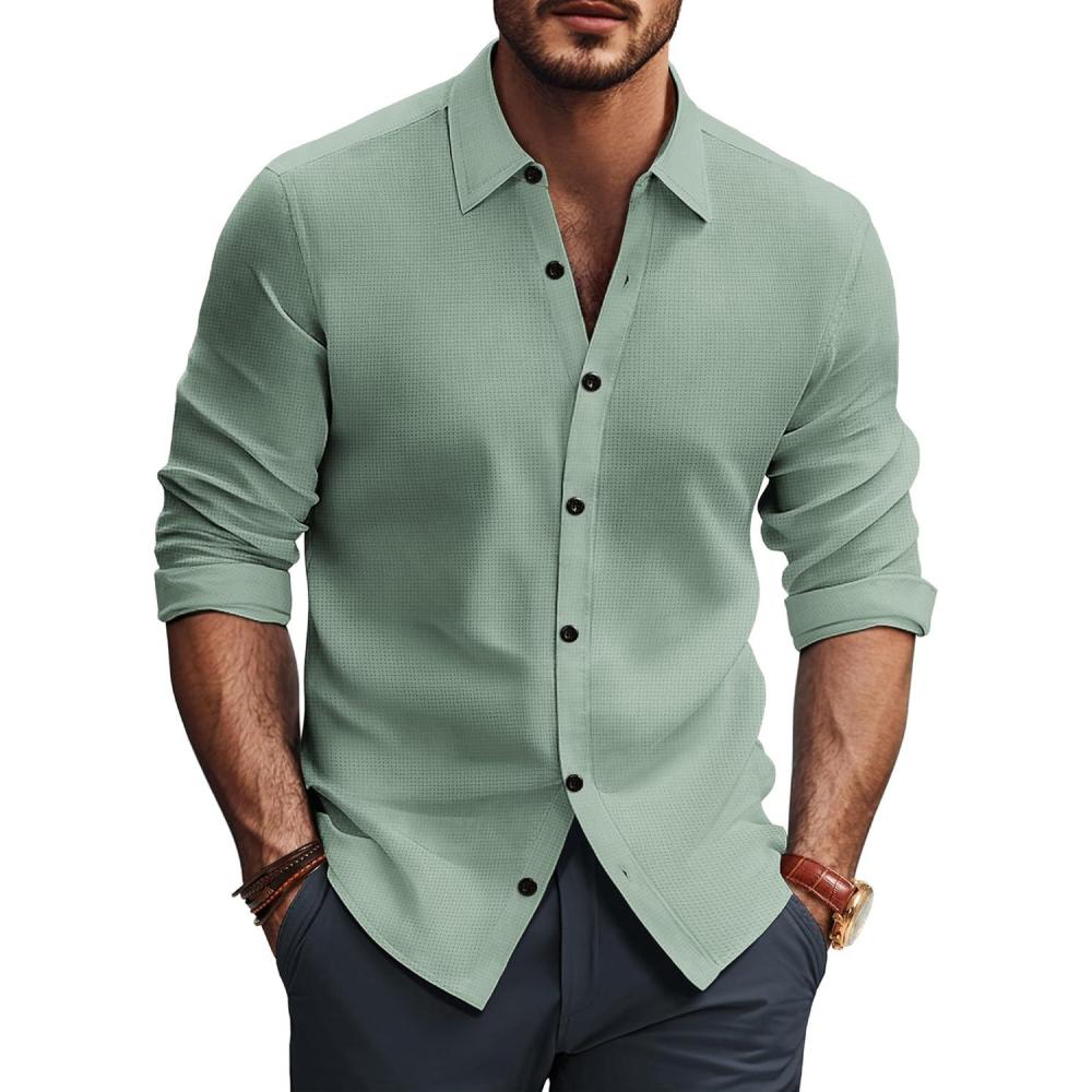 imagePJ PAUL JONES Mens Long Sleeve Button Down Shirts Wrinkle Free Stretch Untucked Dress Shirts Business Casual ShirtLight Green