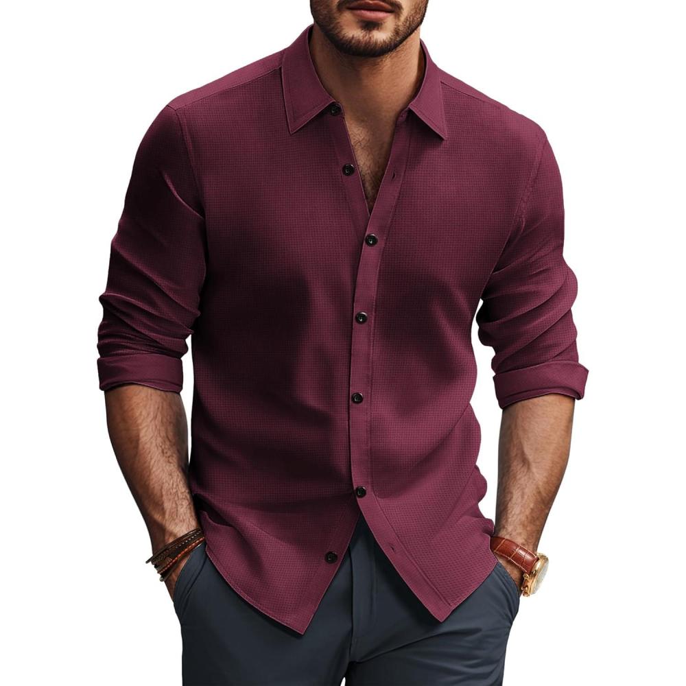 imagePJ PAUL JONES Mens Long Sleeve Button Down Shirts Wrinkle Free Stretch Untucked Dress Shirts Business Casual ShirtWine Red