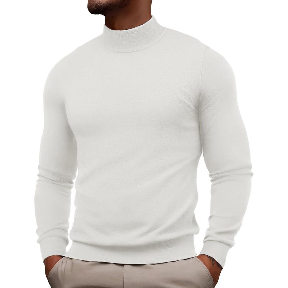 imagePJ PAUL JONES Mens Mock Turtleneck Sweater Long Sleeve Casual Pullover Sweater Slim Fit Basic Knit TeeWhite