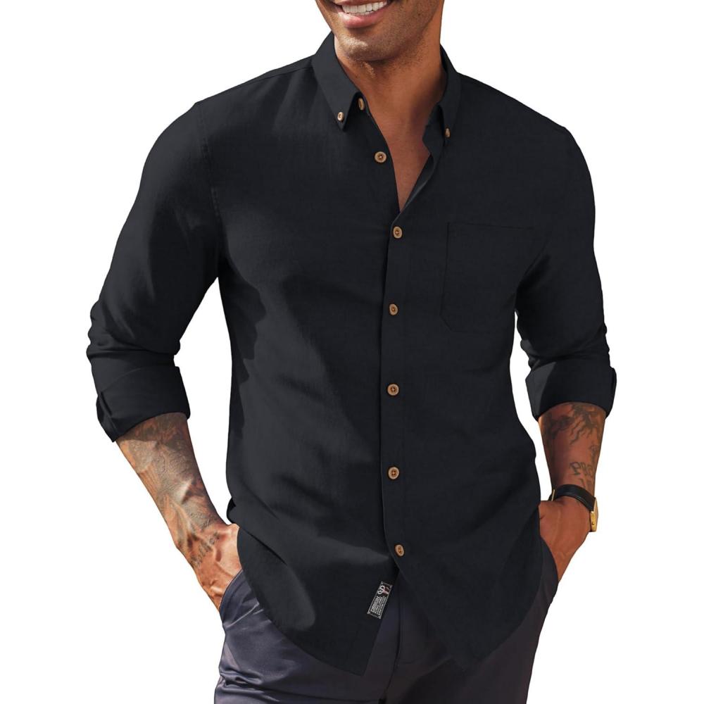 imagePJ PAUL JONES Mens Oxford Button Down Shirt Long Sleeve Regular Fit Business Casual Dress Shirts with Chest PocketBlack