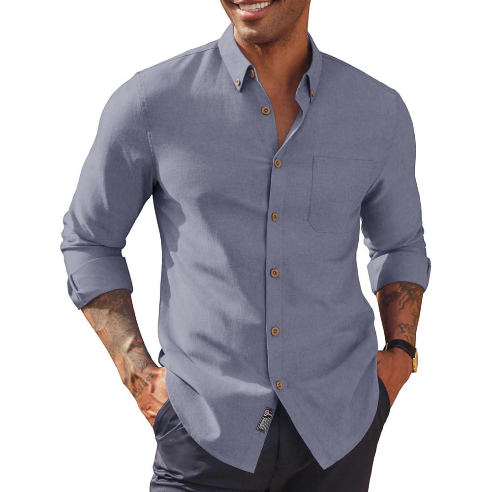 imagePJ PAUL JONES Mens Oxford Button Down Shirt Long Sleeve Regular Fit Business Casual Dress Shirts with Chest PocketBlue Gray