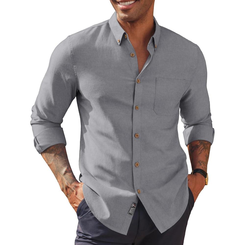 imagePJ PAUL JONES Mens Oxford Button Down Shirt Long Sleeve Regular Fit Business Casual Dress Shirts with Chest PocketGray