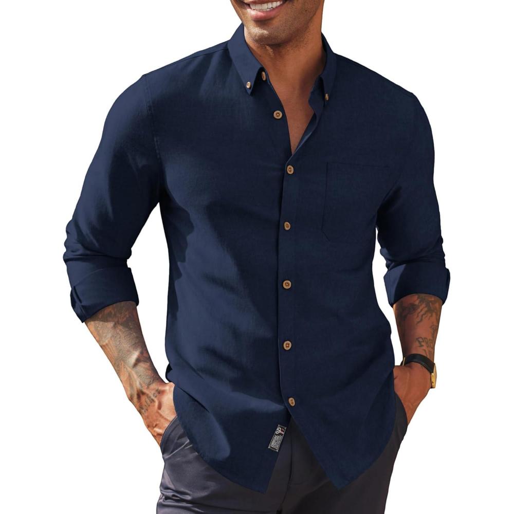 imagePJ PAUL JONES Mens Oxford Button Down Shirt Long Sleeve Regular Fit Business Casual Dress Shirts with Chest PocketNavy Blue