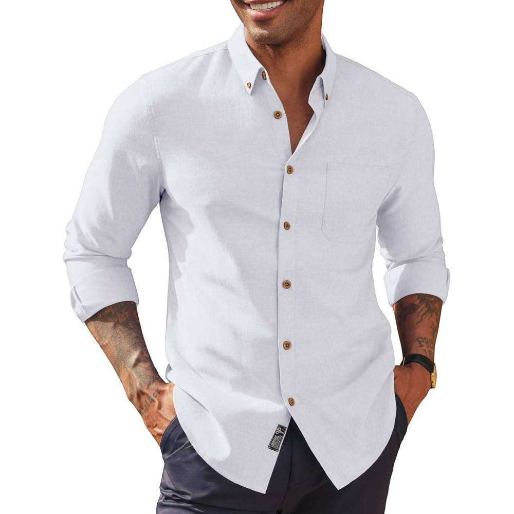 imagePJ PAUL JONES Mens Oxford Button Down Shirt Long Sleeve Regular Fit Business Casual Dress Shirts with Chest PocketWhite