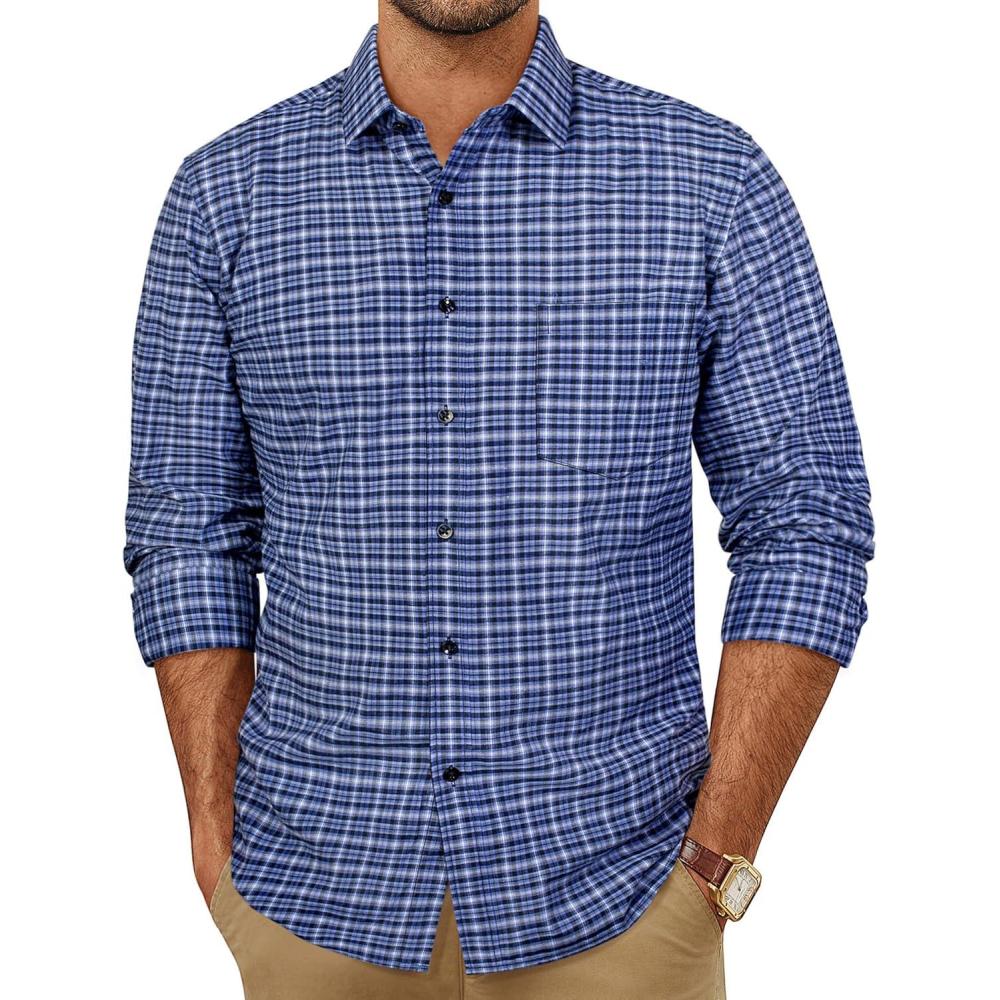 imagePJ PAUL JONES Mens Plaid Button Down Shirt Cotton Long Sleeve Dress Shirt Casual Gingham ShirtsDark Blue Gingham