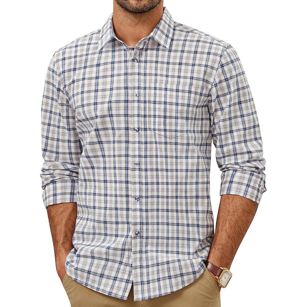 imagePJ PAUL JONES Mens Plaid Button Down Shirt Cotton Long Sleeve Dress Shirt Casual Gingham ShirtsKhaki Gingham