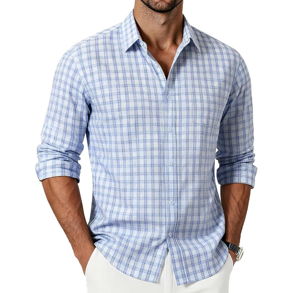 imagePJ PAUL JONES Mens Plaid Button Down Shirt Cotton Long Sleeve Dress Shirt Casual Gingham ShirtsLight Blue and White Checkered