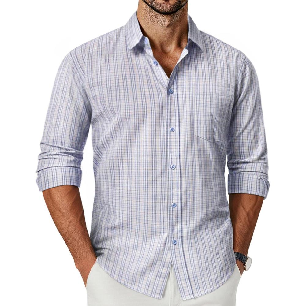 imagePJ PAUL JONES Mens Plaid Button Down Shirt Cotton Long Sleeve Dress Shirt Casual Gingham ShirtsLight Purple and White Checkered