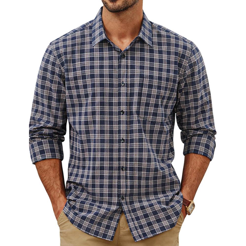 imagePJ PAUL JONES Mens Plaid Button Down Shirt Cotton Long Sleeve Dress Shirt Casual Gingham ShirtsNavy Tan Gingham