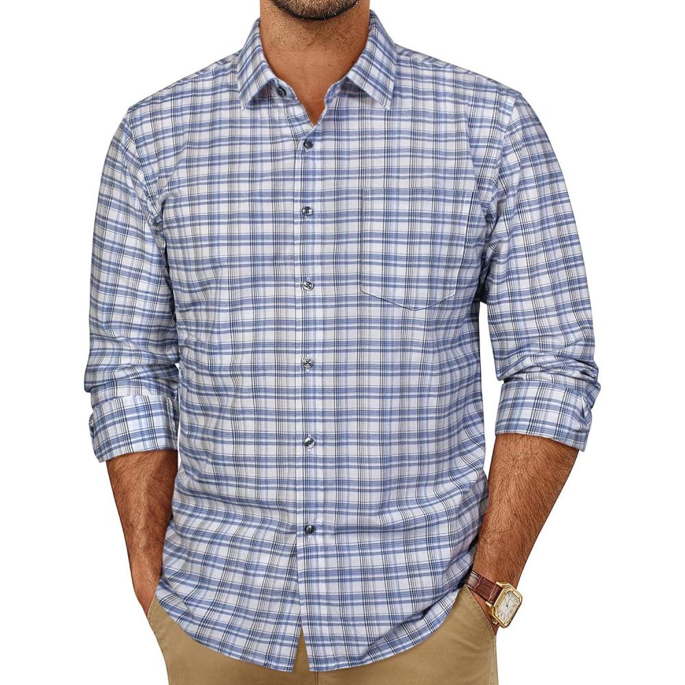 imagePJ PAUL JONES Mens Plaid Button Down Shirt Cotton Long Sleeve Dress Shirt Casual Gingham ShirtsWhite Navy Gingham