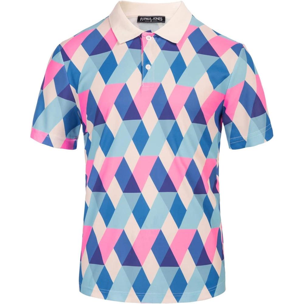 imagePJ PAUL JONES Mens Polo Shirt Short Sleeve Performance Golf Polo Shirts Daily CasualWearPinkblue Grid