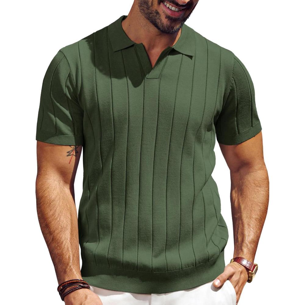 imagePJ PAUL JONES Mens Polo Shirt V Neck Texture Shirt Short Sleeve Casual Knit PolosArmy Green