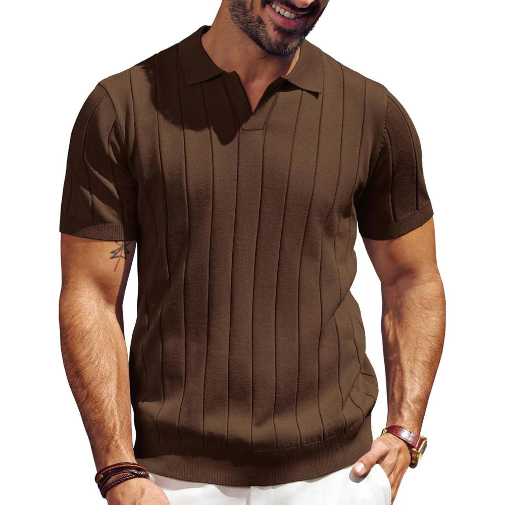 imagePJ PAUL JONES Mens Polo Shirt V Neck Texture Shirt Short Sleeve Casual Knit PolosCoffee