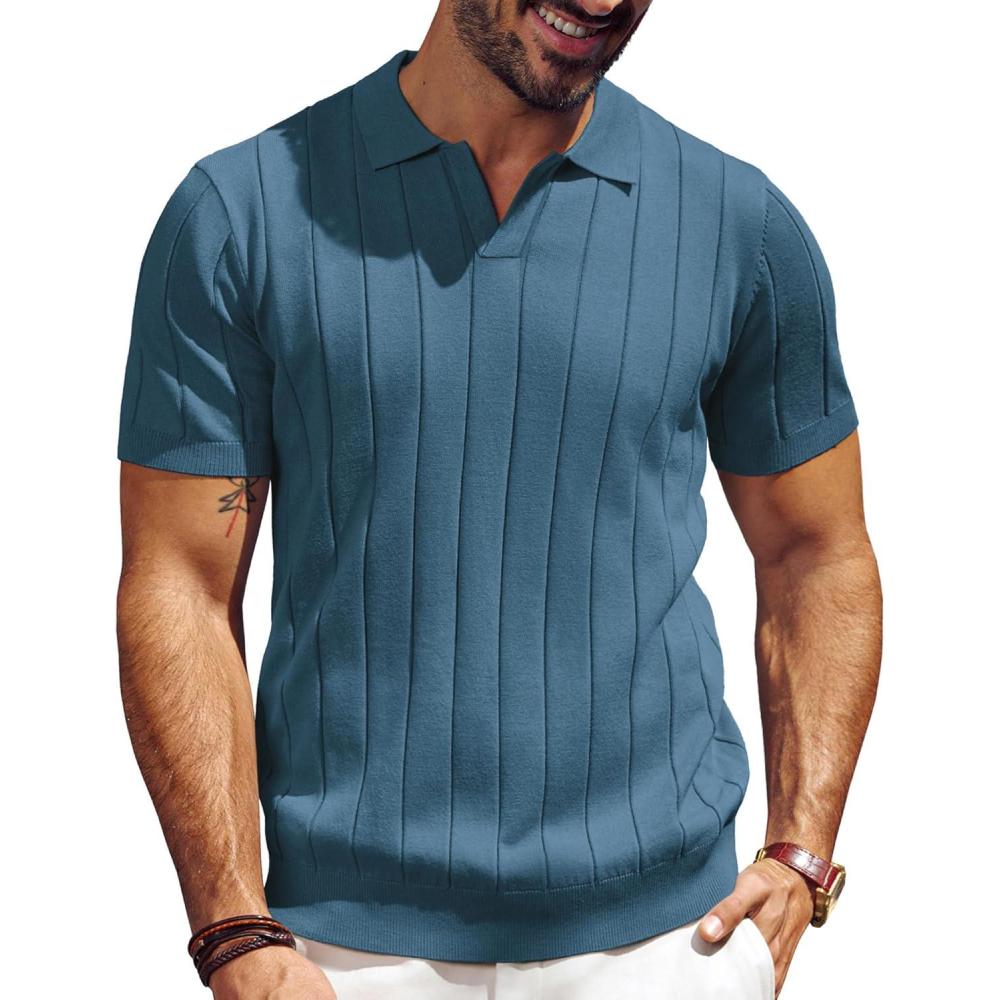 imagePJ PAUL JONES Mens Polo Shirt V Neck Texture Shirt Short Sleeve Casual Knit PolosDark Blue