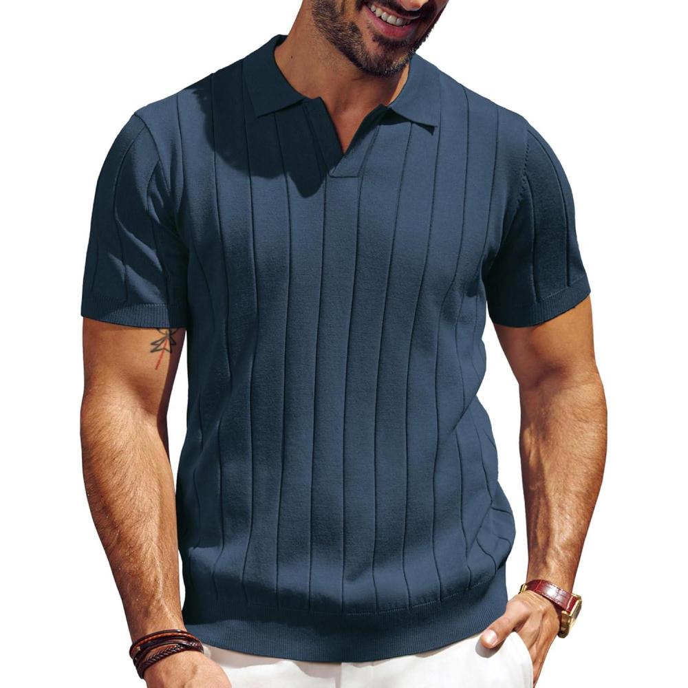 imagePJ PAUL JONES Mens Polo Shirt V Neck Texture Shirt Short Sleeve Casual Knit PolosNavy Blue