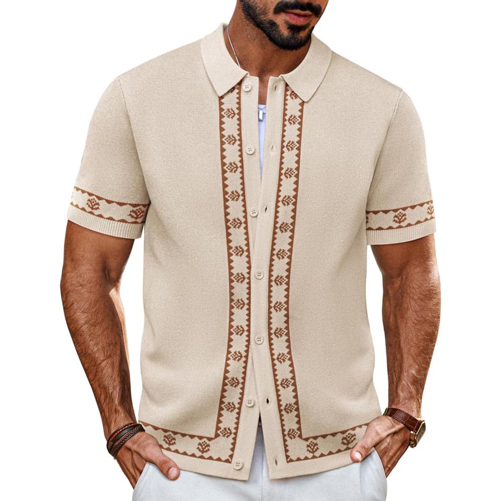 imagePJ PAUL JONES Mens Polo Shirts 70s Vintage Shirts Contrast Knitted Polo ShirtsApricota