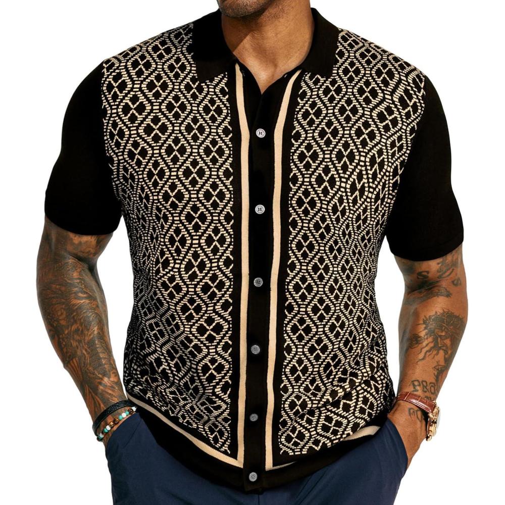 imagePJ PAUL JONES Mens Polo Shirts 70s Vintage Shirts Contrast Knitted Polo ShirtsBlack Gold