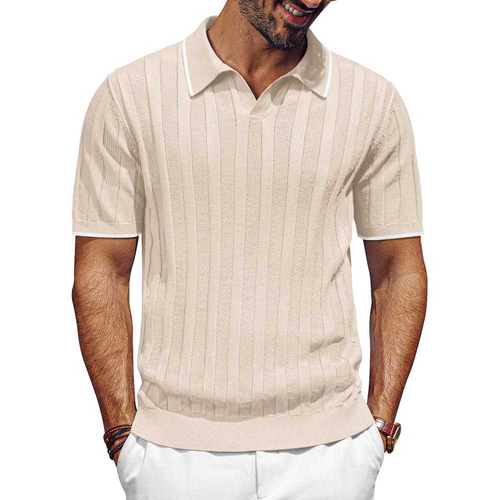 imagePJ PAUL JONES Mens Polo Shirts Regular Fit Textured VNeck Knit Golf PolosApricot Contrast