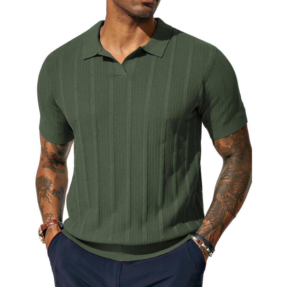 imagePJ PAUL JONES Mens Polo Shirts Regular Fit Textured VNeck Knit Golf PolosArmy Green