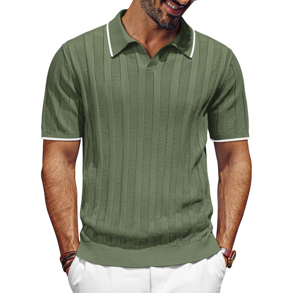 imagePJ PAUL JONES Mens Polo Shirts Regular Fit Textured VNeck Knit Golf PolosArmy Green Contrast