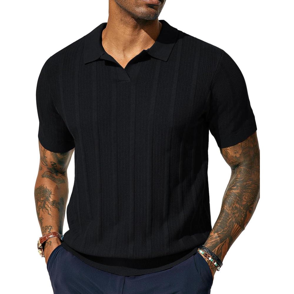 imagePJ PAUL JONES Mens Polo Shirts Regular Fit Textured VNeck Knit Golf PolosBlack