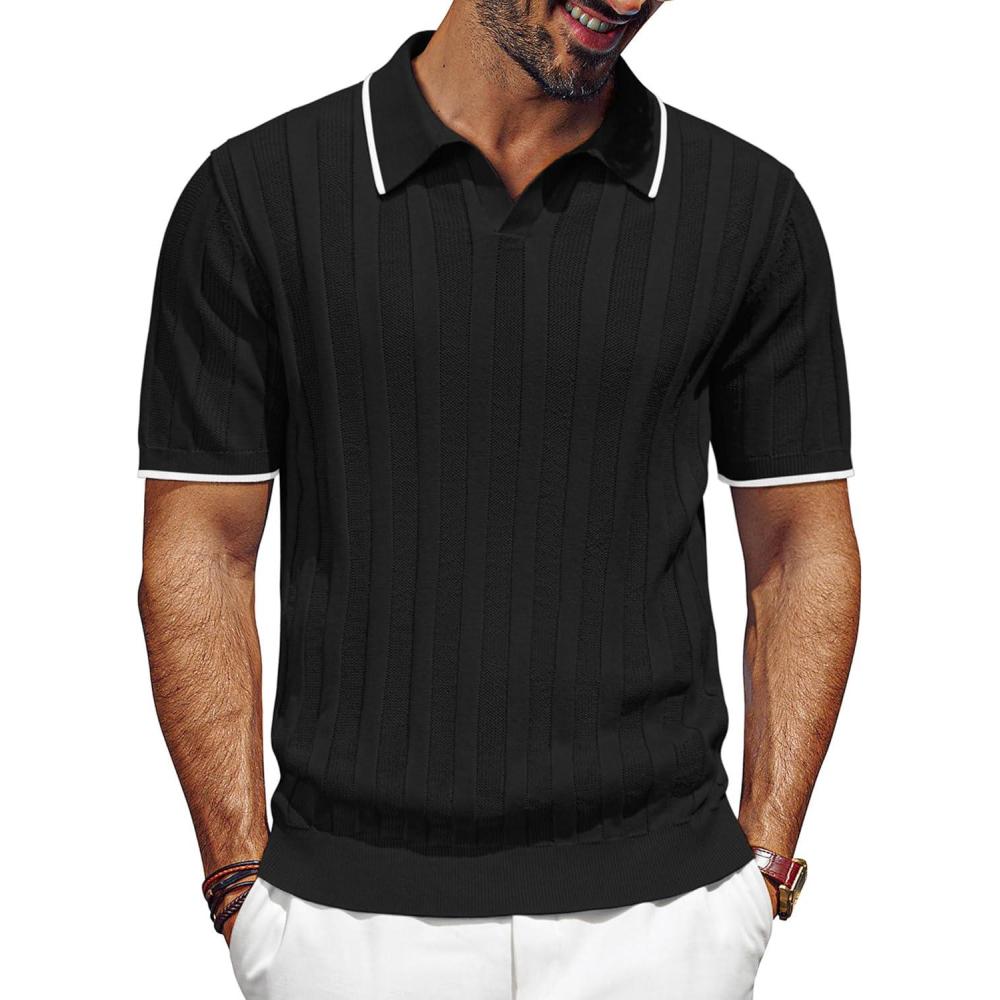 imagePJ PAUL JONES Mens Polo Shirts Regular Fit Textured VNeck Knit Golf PolosBlack Contrast