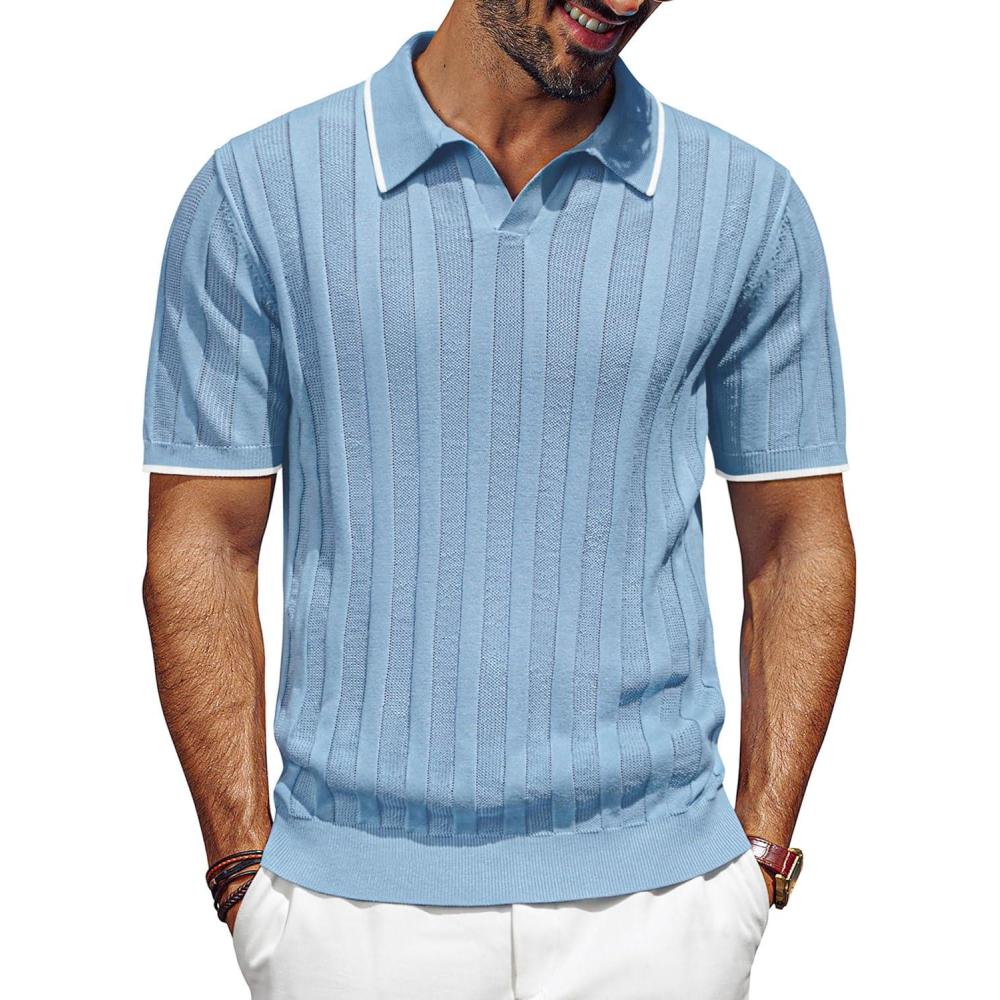 imagePJ PAUL JONES Mens Polo Shirts Regular Fit Textured VNeck Knit Golf PolosBlue Grey Contrast