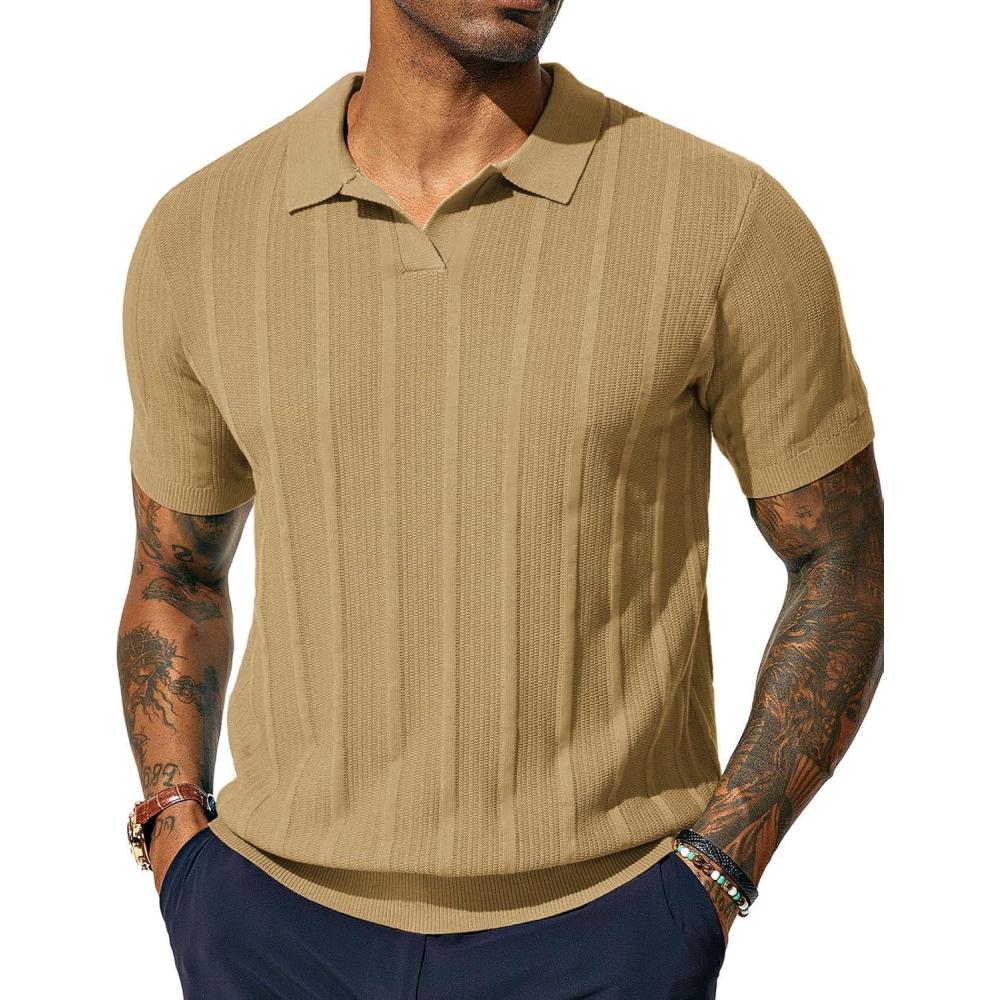 imagePJ PAUL JONES Mens Polo Shirts Regular Fit Textured VNeck Knit Golf PolosCamel