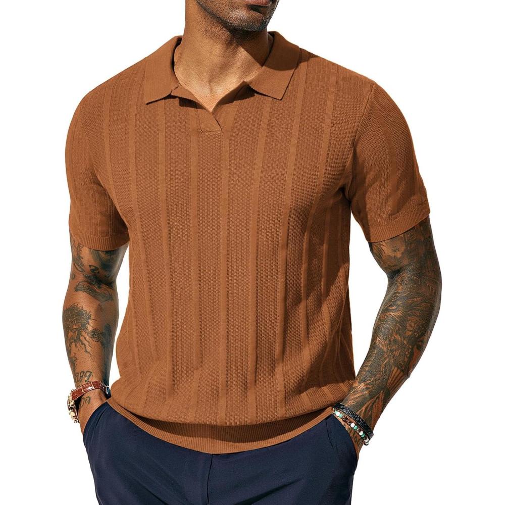 imagePJ PAUL JONES Mens Polo Shirts Regular Fit Textured VNeck Knit Golf PolosCoffee