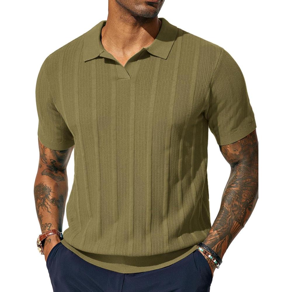 imagePJ PAUL JONES Mens Polo Shirts Regular Fit Textured VNeck Knit Golf PolosDark Camel