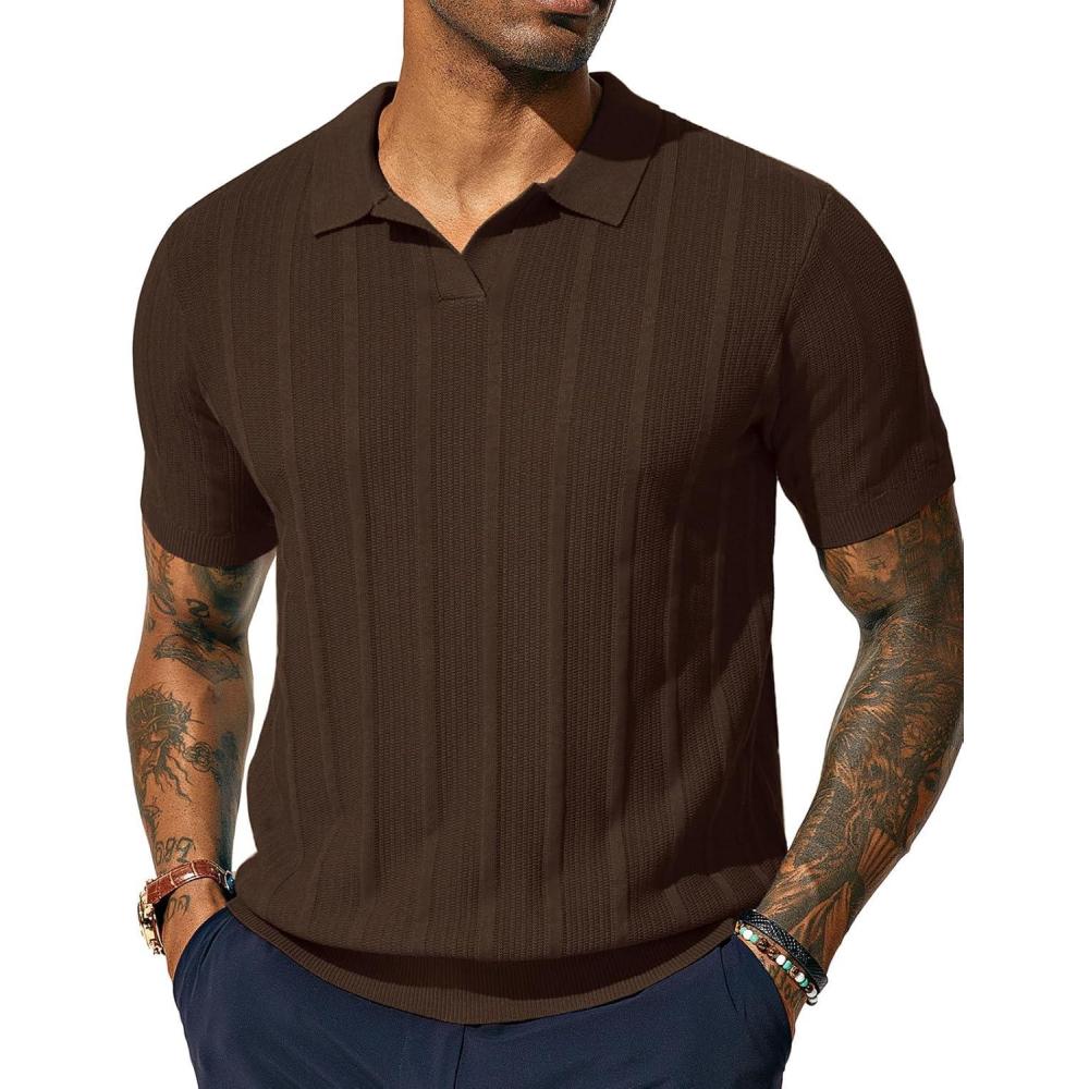 imagePJ PAUL JONES Mens Polo Shirts Regular Fit Textured VNeck Knit Golf PolosDark Coffee