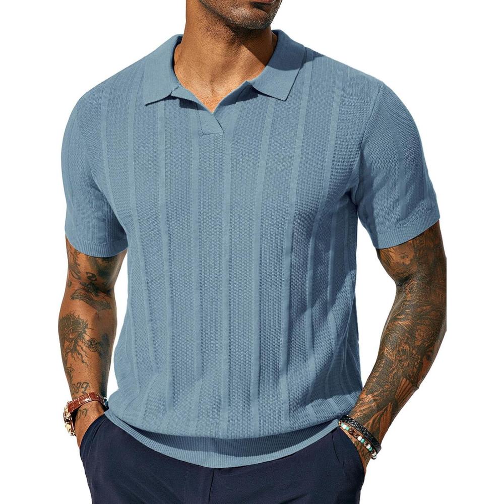 imagePJ PAUL JONES Mens Polo Shirts Regular Fit Textured VNeck Knit Golf PolosGrey Blue