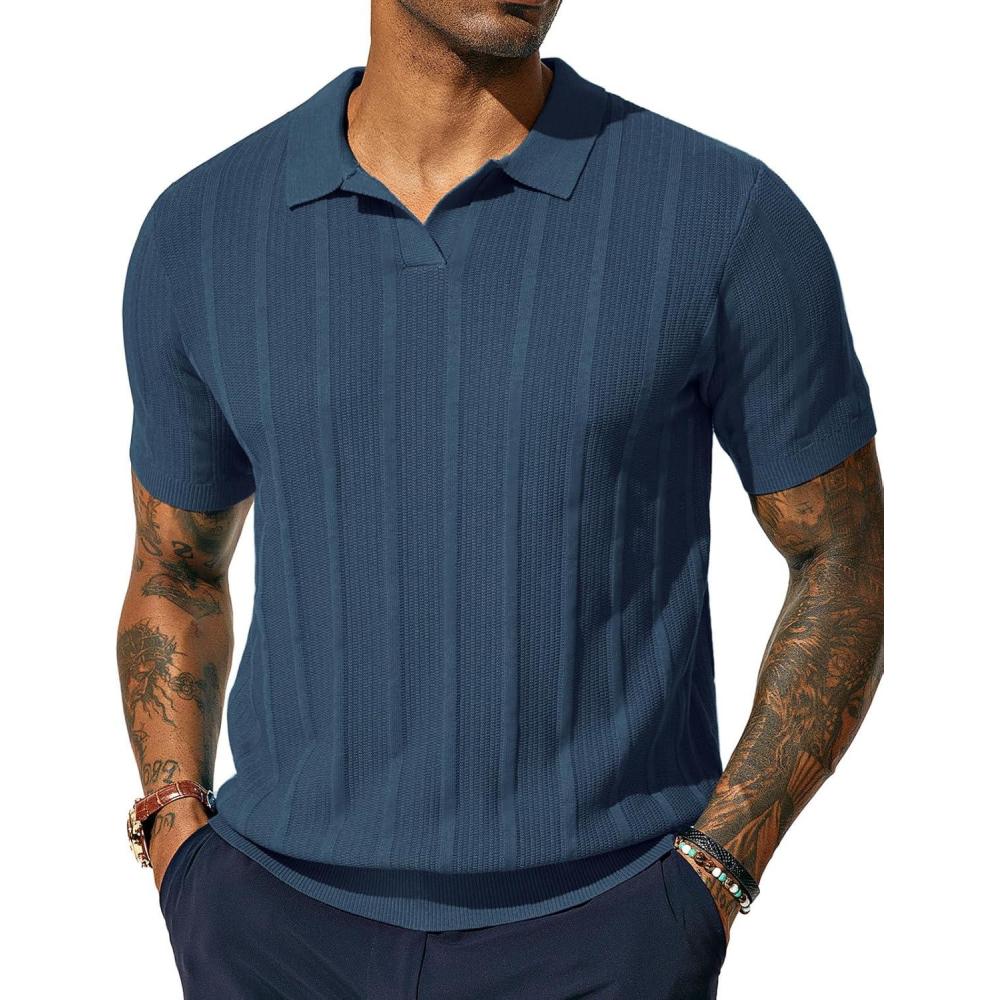 imagePJ PAUL JONES Mens Polo Shirts Regular Fit Textured VNeck Knit Golf PolosIndigoblue