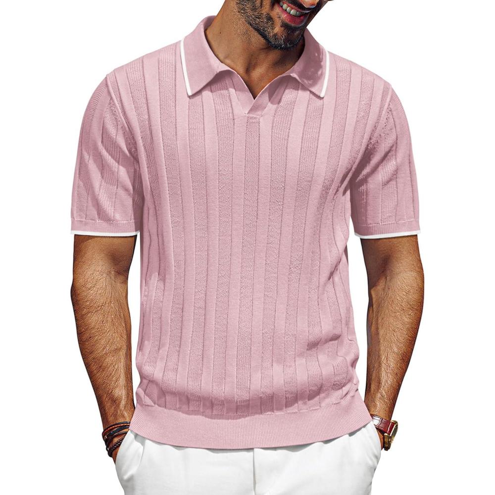 imagePJ PAUL JONES Mens Polo Shirts Regular Fit Textured VNeck Knit Golf PolosLeather Pink Contrast