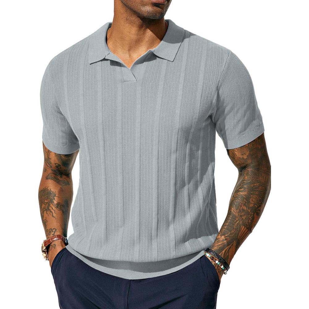 imagePJ PAUL JONES Mens Polo Shirts Regular Fit Textured VNeck Knit Golf PolosLight Grey