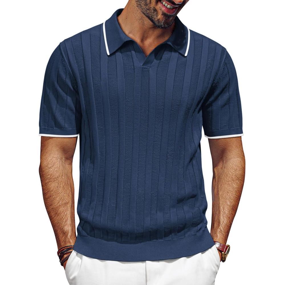 imagePJ PAUL JONES Mens Polo Shirts Regular Fit Textured VNeck Knit Golf PolosNavy Blue Contrast