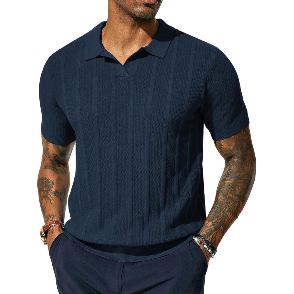 imagePJ PAUL JONES Mens Polo Shirts Regular Fit Textured VNeck Knit Golf PolosRoyal Blue