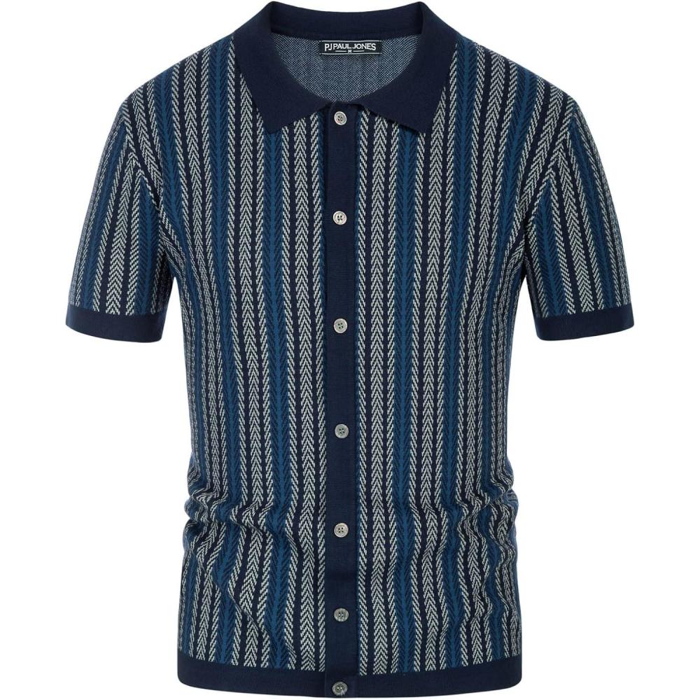 imagePJ PAUL JONES Mens Polo Shirts Retro Knit Shirt Vintage Striped ShirtBlue