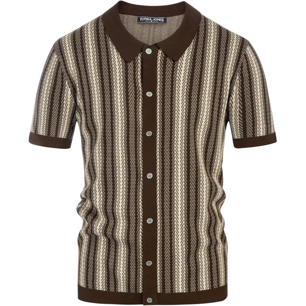 imagePJ PAUL JONES Mens Polo Shirts Retro Knit Shirt Vintage Striped ShirtC Brown